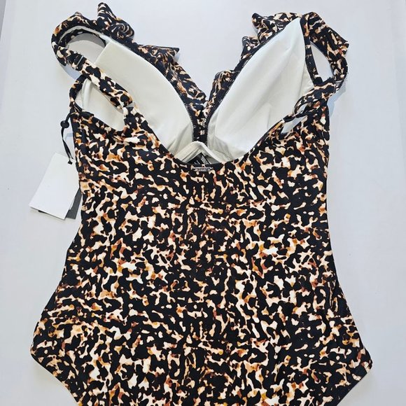 DKNY Ruffle Plunge One-Piece Swimsuit Cheetah Print Size 12 - Picture 9 of 14